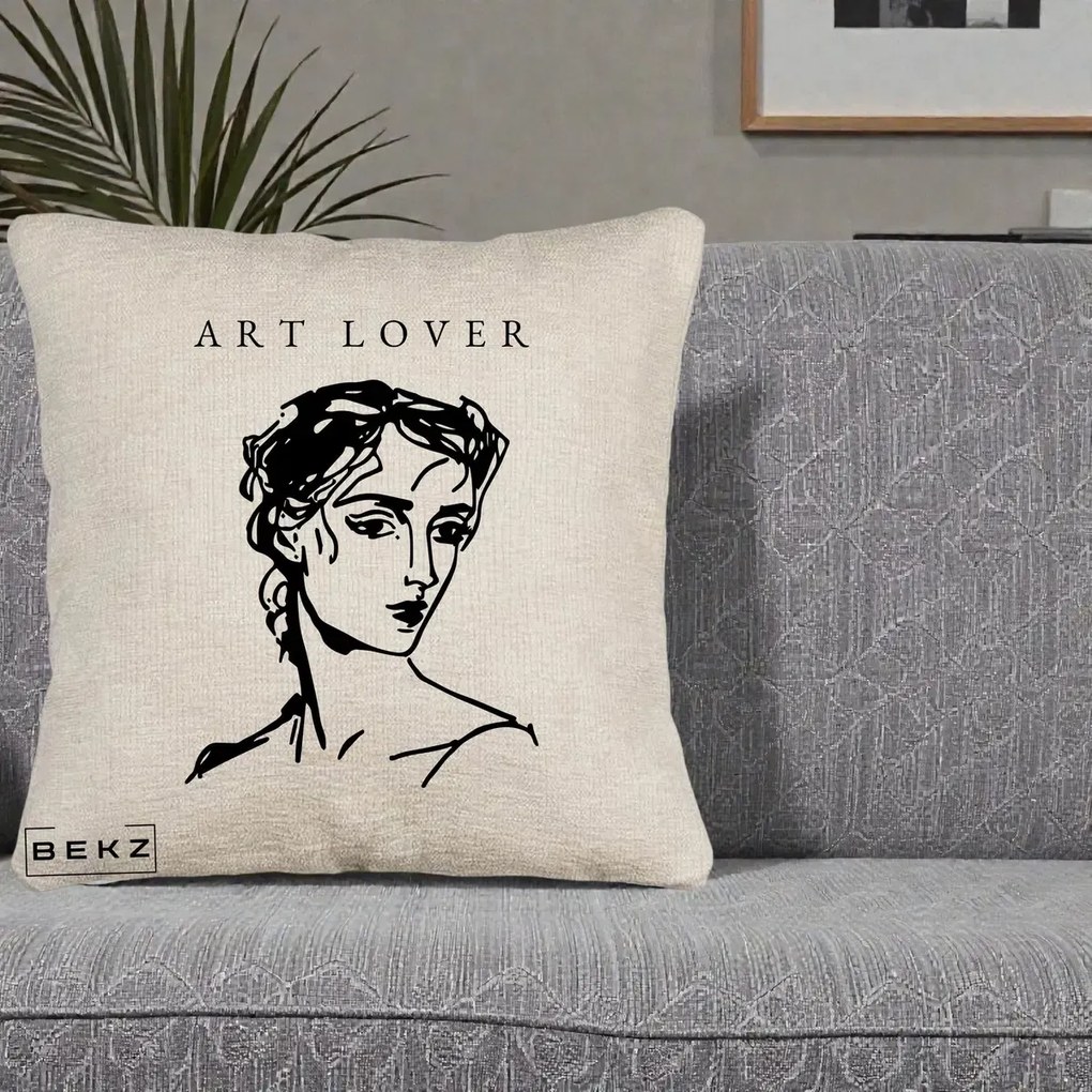 Perna Decorativa Art Lover Portret Grafic, 40x40 cm, Bej Canapea, Husa Detasabila, Perna Inclusa, BEKZ®