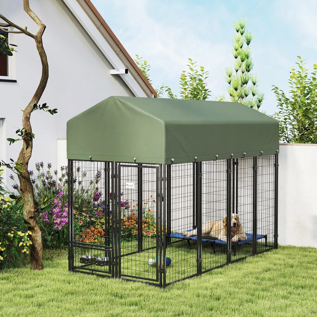 PawHut Țarc pentru Câini de Exterior din Oțel cu Acoperiș din Material Oxford, Anti-UV, Impermeabil, 2 Boluri, Verde | Aosom Romania