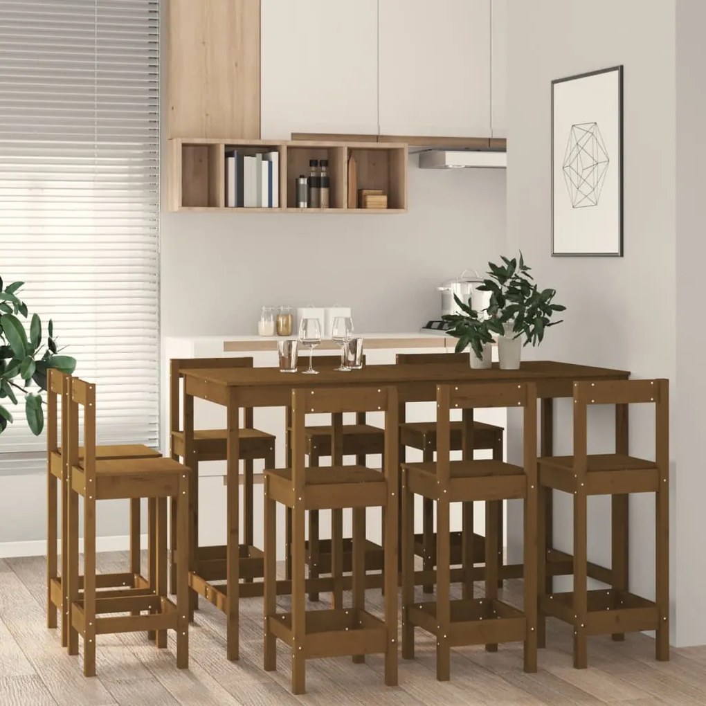 3124725 vidaXL Set mobilier de bar, 9 piese, maro miere, lemn masiv de pin