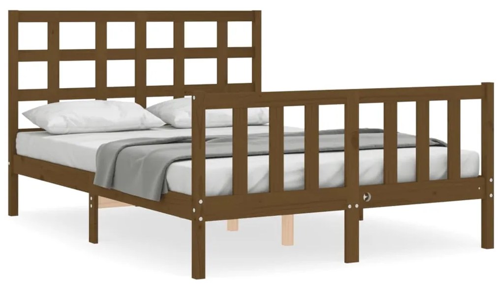 3192074 vidaXL Cadru de pat cu tăblie, dublu mic, maro miere, lemn masiv