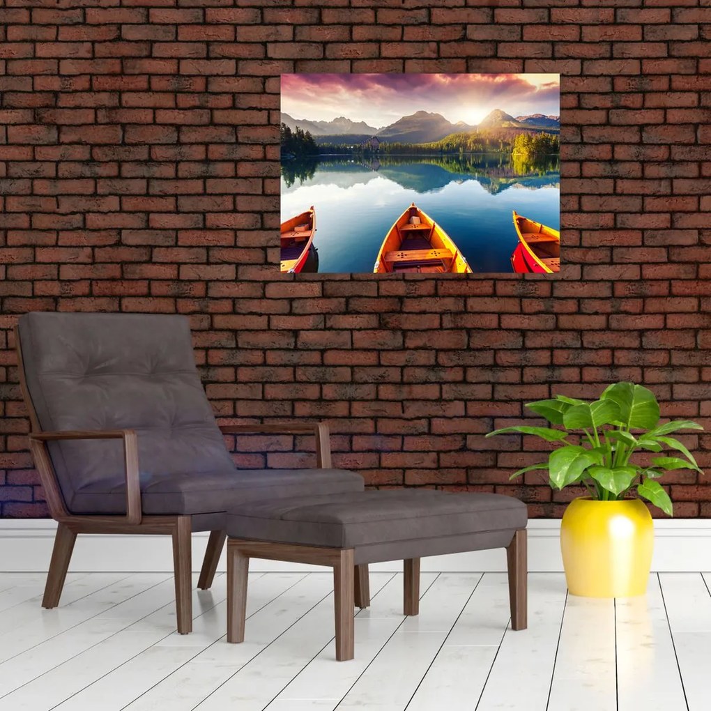 Tablou pe sticlă - Lac cu bărci (70x50 cm)