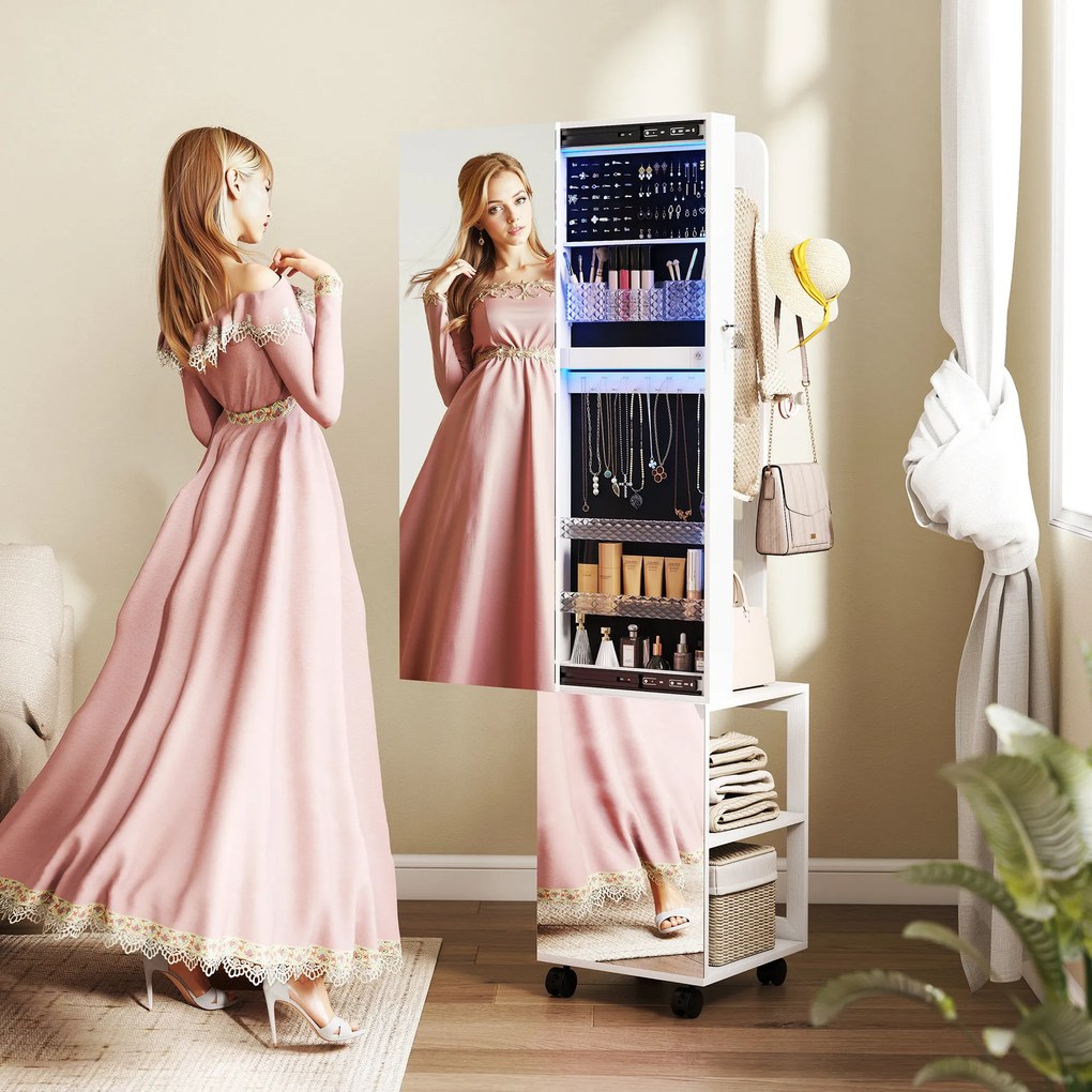 HOMCOM Dulap pentru Bijuterii Rotativ cu Oglindă, Lumină LED și Încuietoare Negru | Aosom Romania