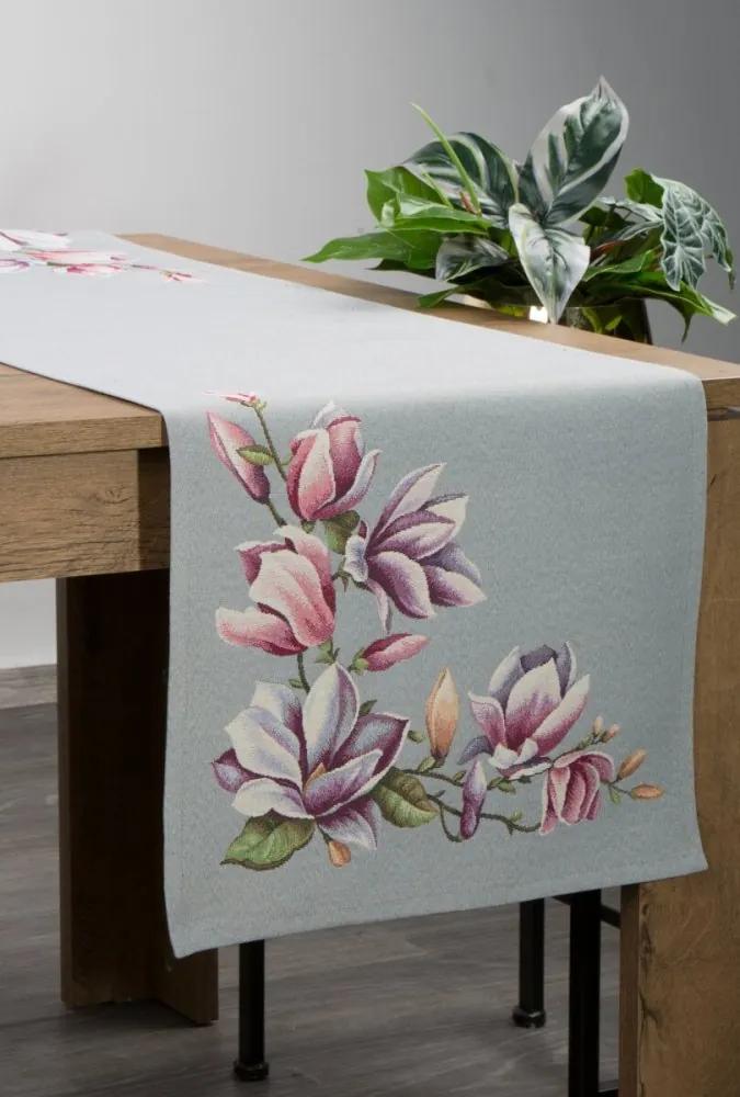 Traversa pentru masa gri cu model magnolie fin țesută Lățime: 45 cm | Lungime: 140 cm