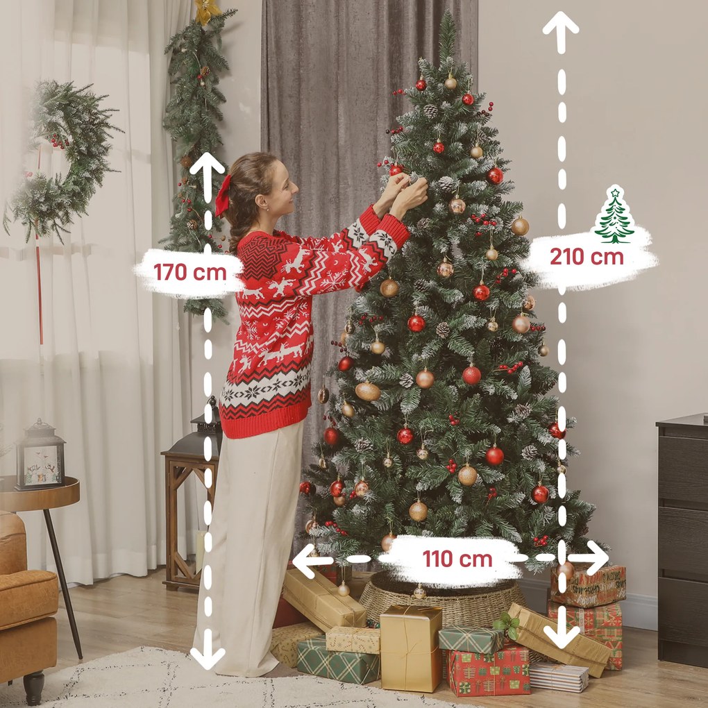 HOMCOM Brad de Crăciun Înalt de 210 cm cu 928 de Ramuri, Brad Artificial de Interior cu Conuri și Boabe Roșii Decorative, Bază Metalică, Verde | Aosom Romania