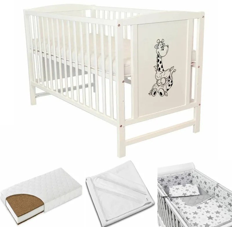 Patut din lemn masiv 120x60 cm Bria alb, include saltea cocos LUX 9 cm, protectie impermeabila si set lenjerie matlasata 5 piese Kidizi