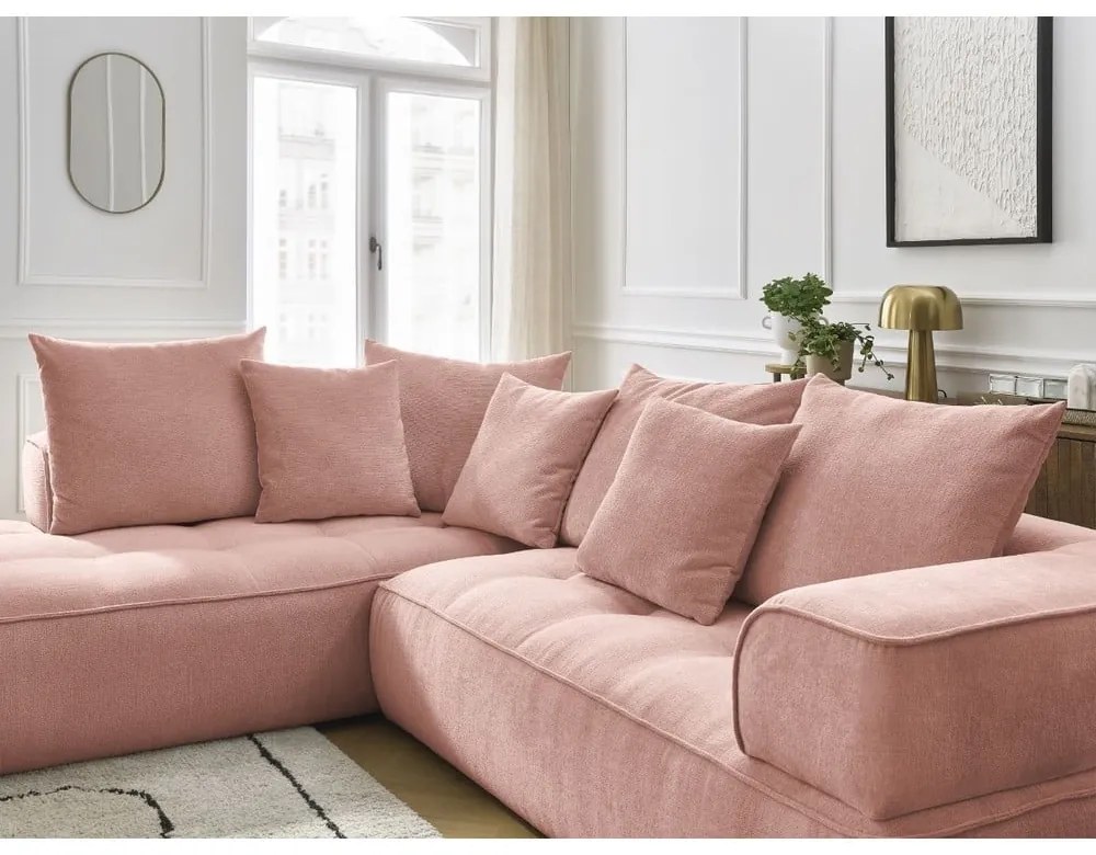 Colțar roz cu tapițerie din chenille (cu colț pe partea stângă/în formă de ”L”) Whesley – Bobochic Paris