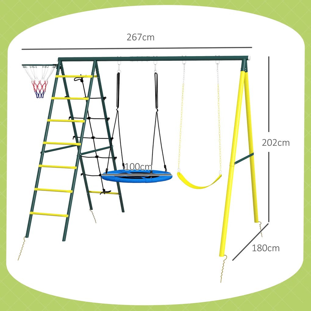 Outsunny Leagăn pentru copii 4 în 1 cu Leagăn tip Cuib și individual Plasă de cățărat Coș de baschet Scară Galben | Aosom Romania