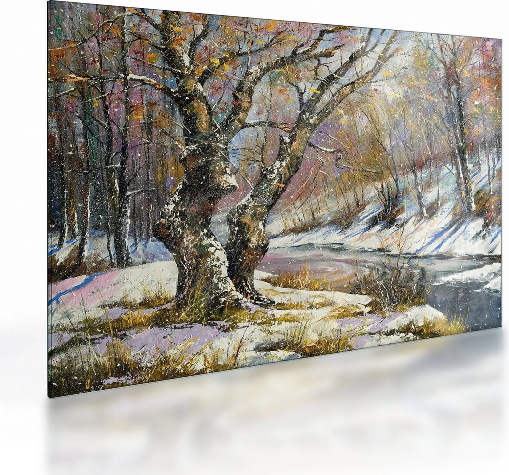 Tablou pe sticlă cu peisaj de iarnă pictat (70x50 cm)