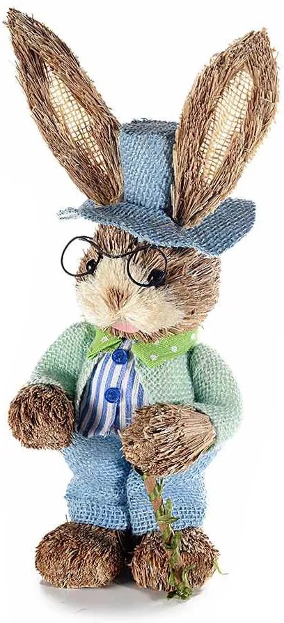 Figurina Iepuras Paste Boy cu palarie textil fibre naturale 14 cm x 33 h