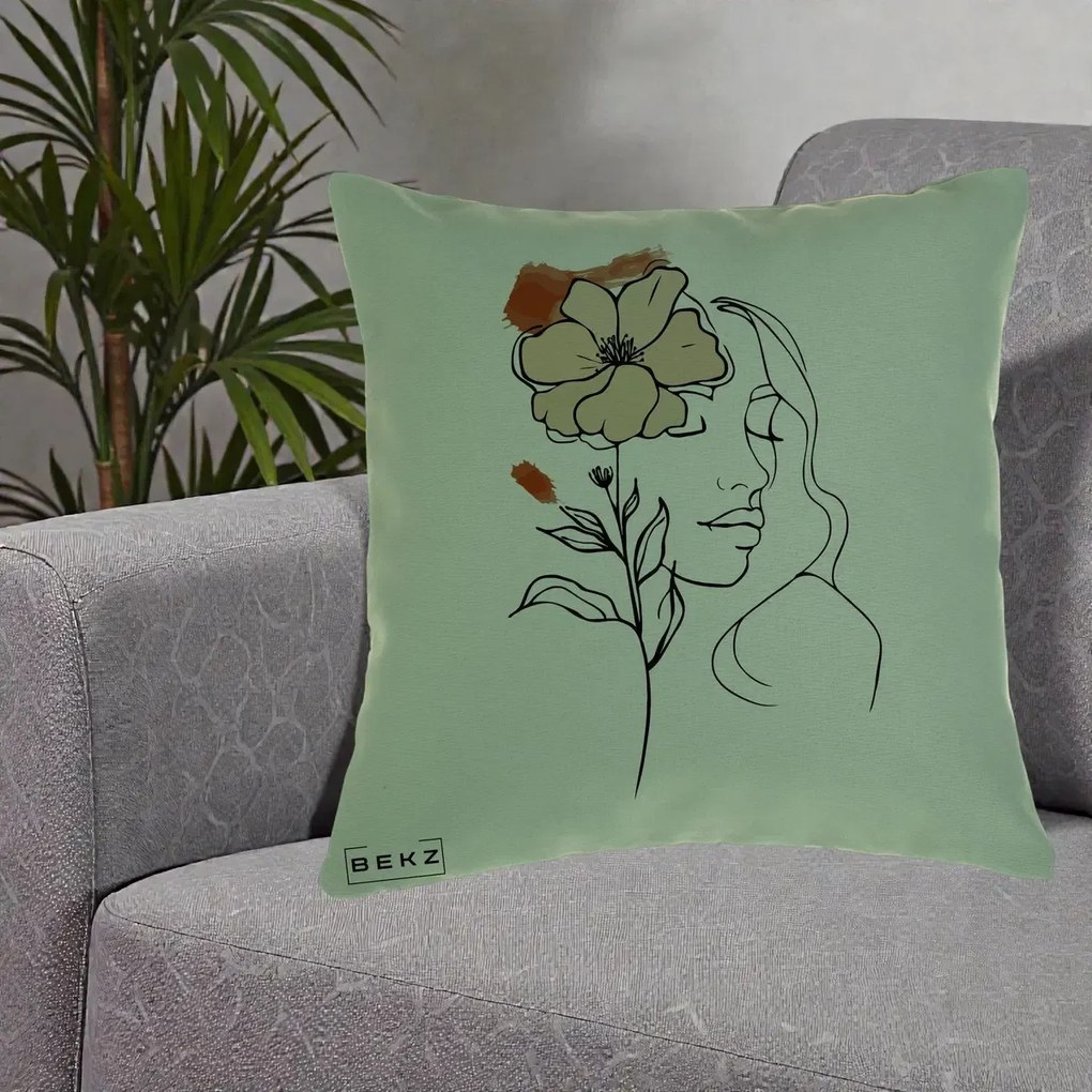Perna Decorativa Portret Feminin Floare Bej Terracotta, 40x40 cm, Verde, Husa Detasabila, Perna Inclusa, BEKZ®