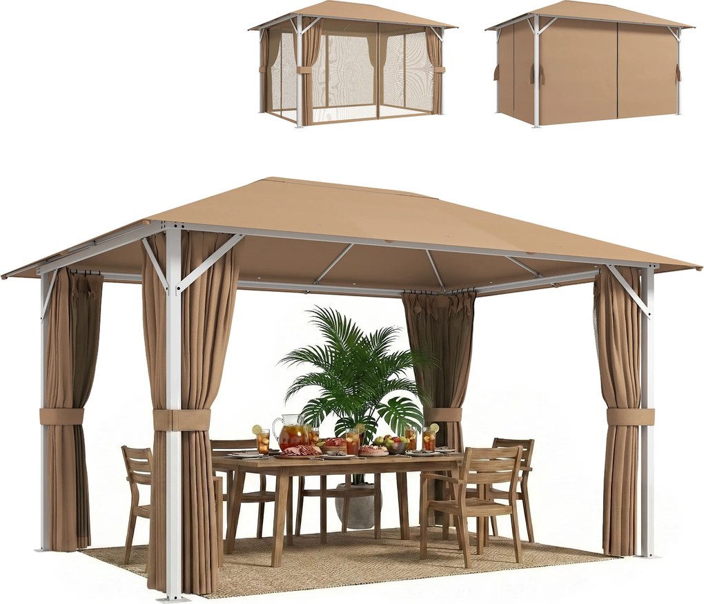 Outsunny Tonelă de Grădină Pavilion Structură Metalică Stabilă 60mm Protecție UV50+ și 10 Orificii de Drenaj 394x294x255cm kaki | Aosom Romania
