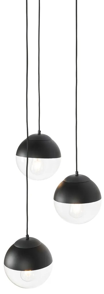 Lampă suspendată retro neagră cu sticlă transparentă rotundă cu 3 lumini - Eclipse