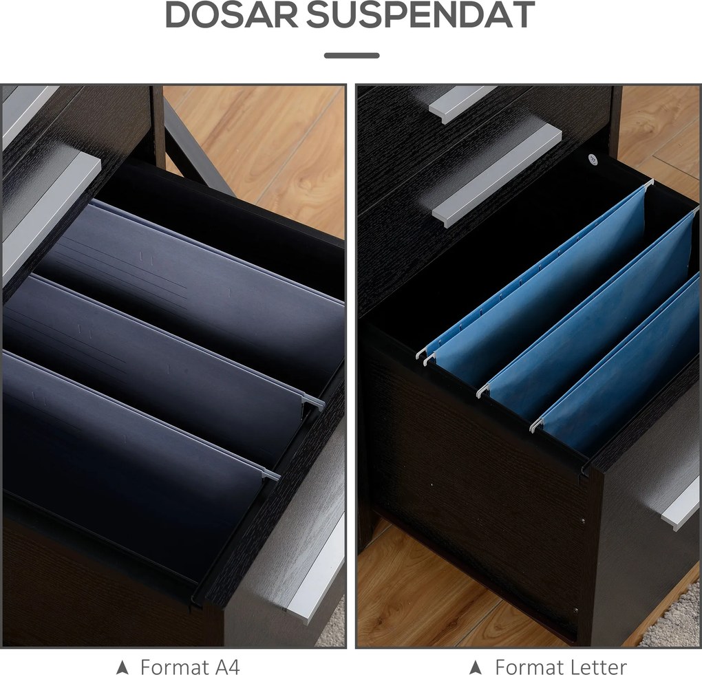 HOMCOM Dulap Portadocumente din Lemn cu 3 Sertare cu Chei de Securitate și 5 Roți, 39.2x40x65.4 cm, Negru | Aosom Romania