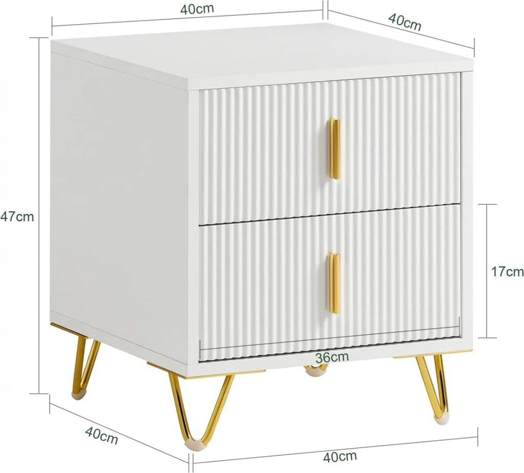 NOA29 - Set 2x Noptiere albe 40x40x47 cm, riflaje, cu sau fara Priza, cu 2 sertare, dormitor - Alb-Auriu