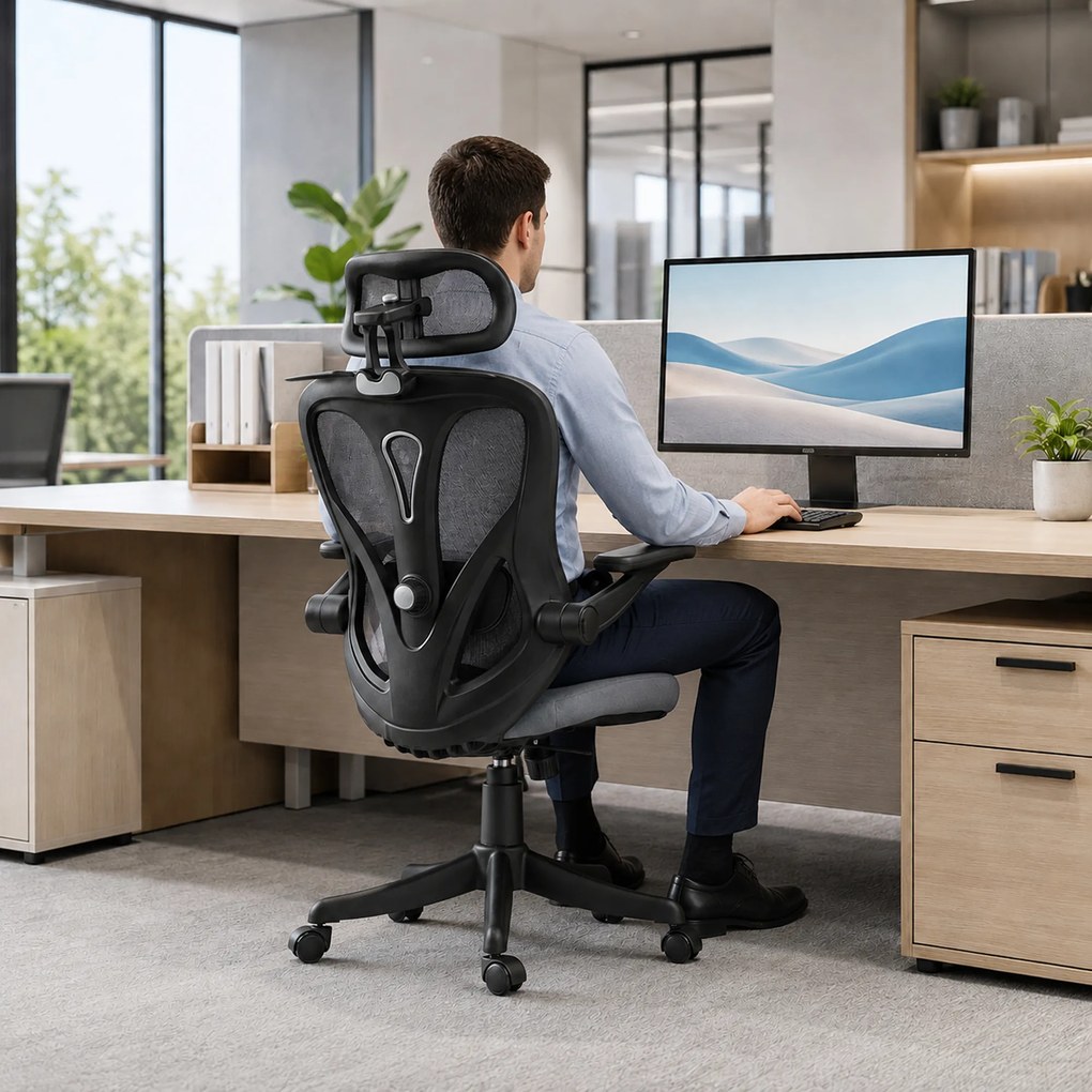 HOMCOM Scaun de Birou Ergonomic cu Tetieră 2D, Cotiere 3D, Înălțime Reglabilă, Mesh Respirabil, Gri Închis | Aosom Romania