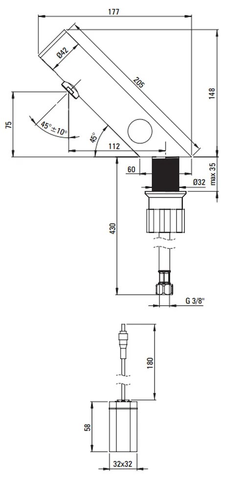 Baterie lavoar cu senzor, culoare otel slefuit, 4 baterii AA, control temperatura, Deante Sense