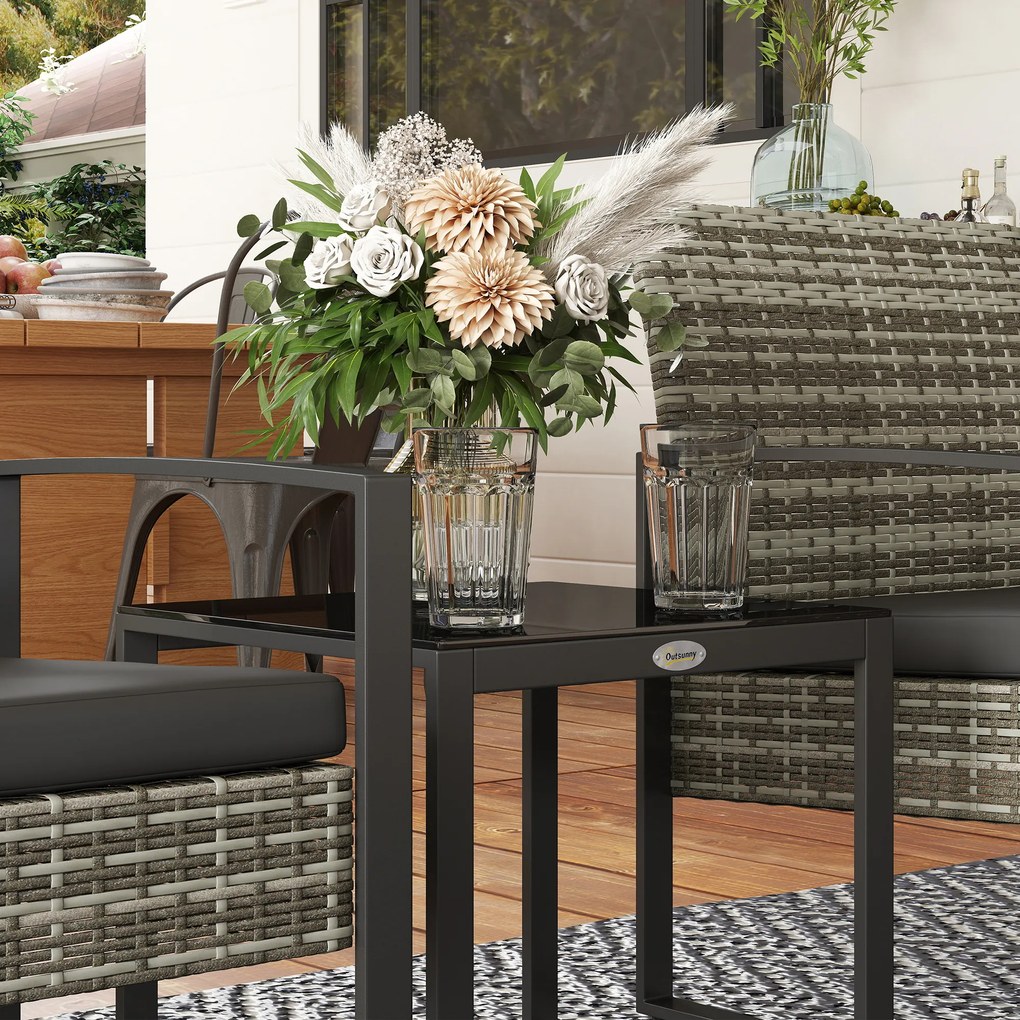 Outsunny Salon de jardin 3 piese 2 scaune cu perne + masă de cafea cu blat din sticlă securizată rășină tressée gri deschis | Aosom Romania