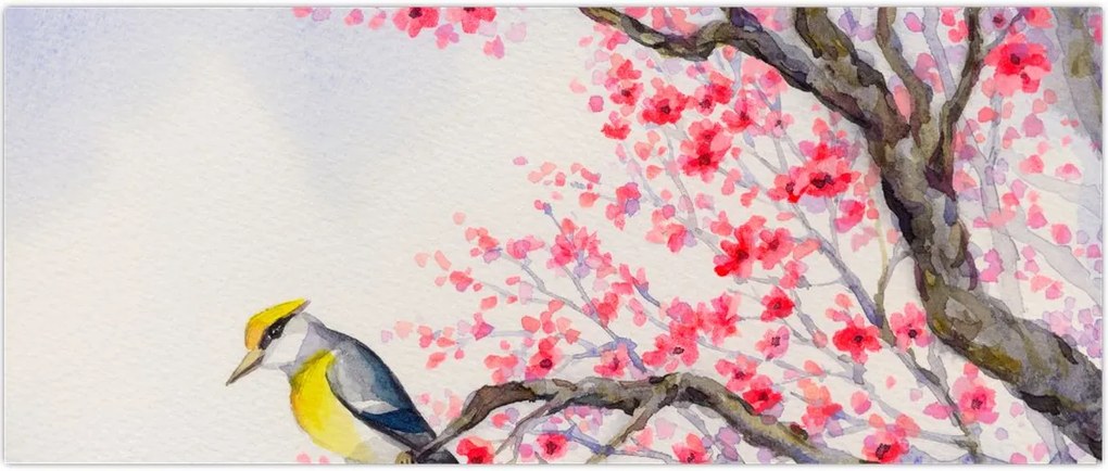 Tablou - Pasăre pe un copac cu flori roșii (120x50 cm)