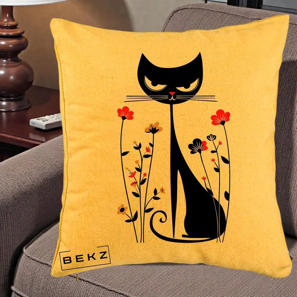 Perna Decorativa Pisica Neagra Grafica Flori Rosii, 40x40 cm, Galben, Husa Detasabila, Perna Inclusa, BEKZ®