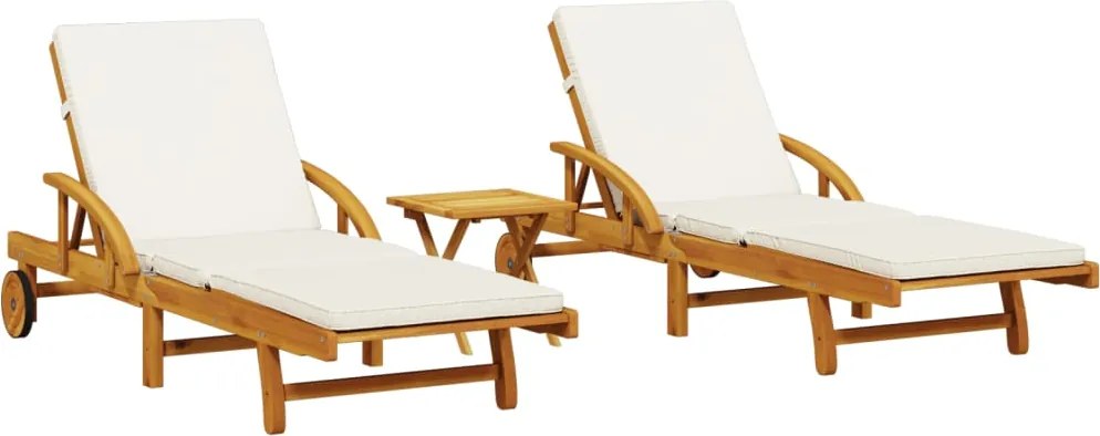 vidaXL Șezlonguri, 2 buc., cu masă, alb, lemn masiv de acacia