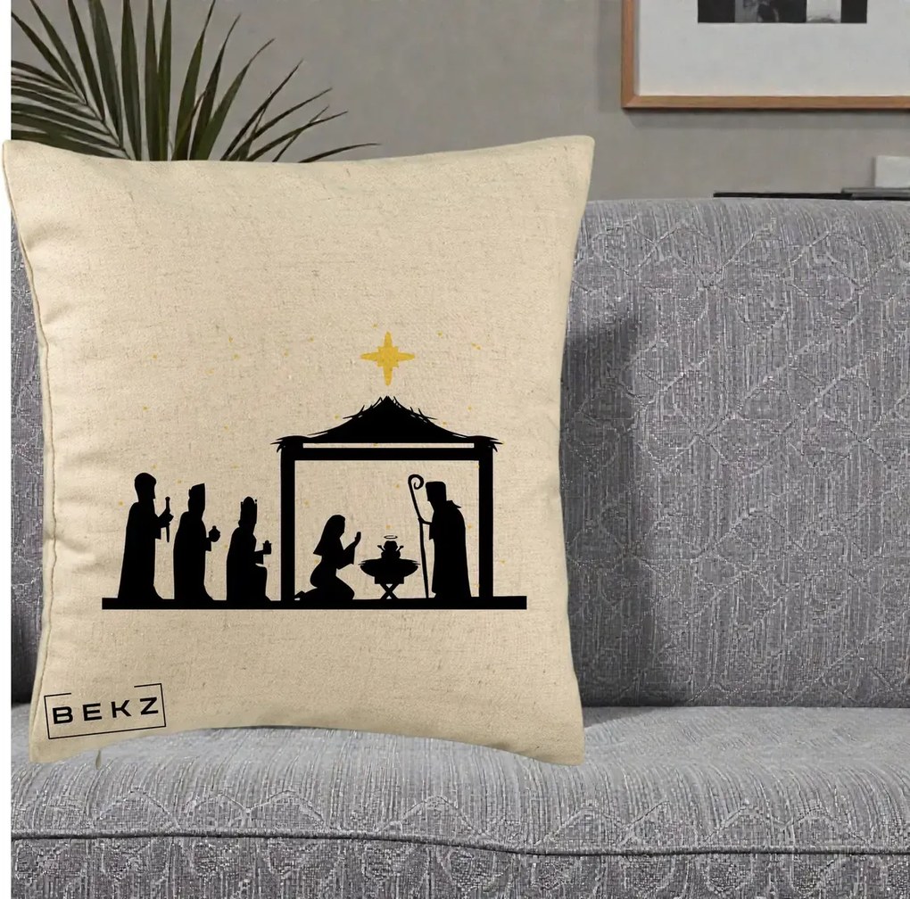 Perna Decorativa Nasterea Pruncului Silueta Neagra si Stea Aurie, 40x40 cm, Bej, Husa Detasabila, Perna Inclusa, BEKZ®