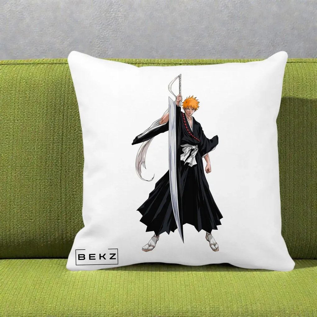 Perna Personalizata Bleach Ichigo Kurosaki Zangetsu, 40x40 cm, Alba Mata, Husa Detasabila, Perna Inclusa, BEKZ®