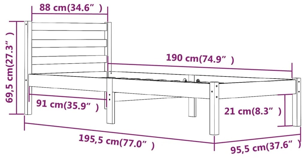 Cadru de pat 3FT Single, gri, 90x190 cm, lemn masiv de pin Gri, 90 x 190 cm