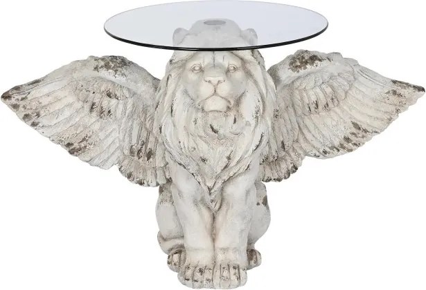 Măsuță laterală sculptată din oxid de magneziu, leu înaripat, blat din sticlă, finisaj gri antichizat, 96 x 62 x 61 cm, „Leon"