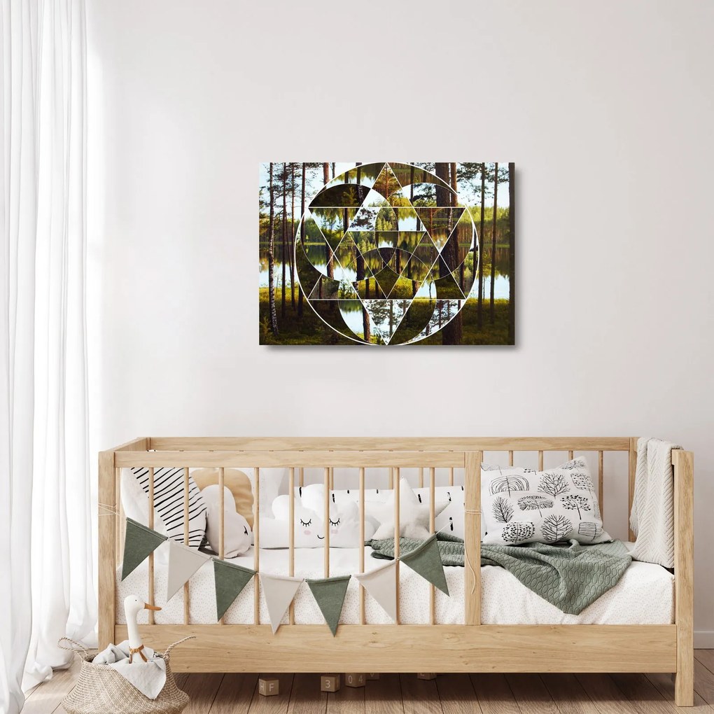Tablou pe sticlă - Colaj geometric pe fundalul pădurilor nordice (70x50 cm)