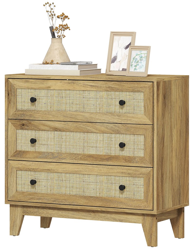 HOMCOM Comoda cu 3 Sertare Comoda de Lemn cu Frontale din Ratan Stil Cannage pentru Dormitor 80x35x76 cm Natural | Aosom Romania