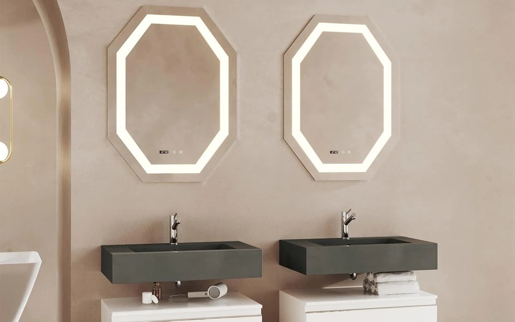 Oglindă lemn masiv LED cu termometru ceas și dezaburire 75x100cm