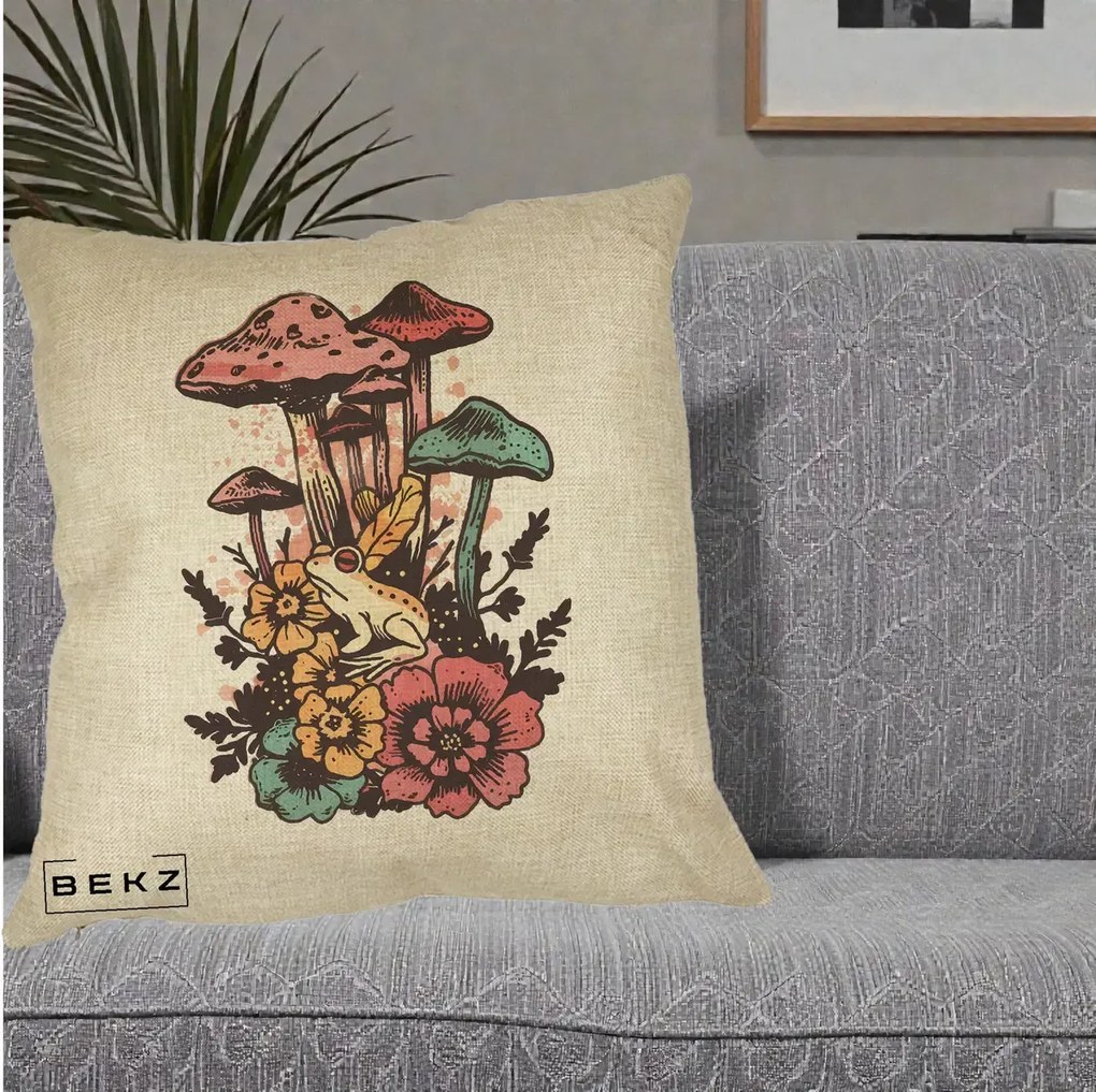 Perna Decorativa Ciuperci si Broaste Boho, 40x40 cm, Crem, Husa Detasabila, Perna Inclusa, BEKZ®