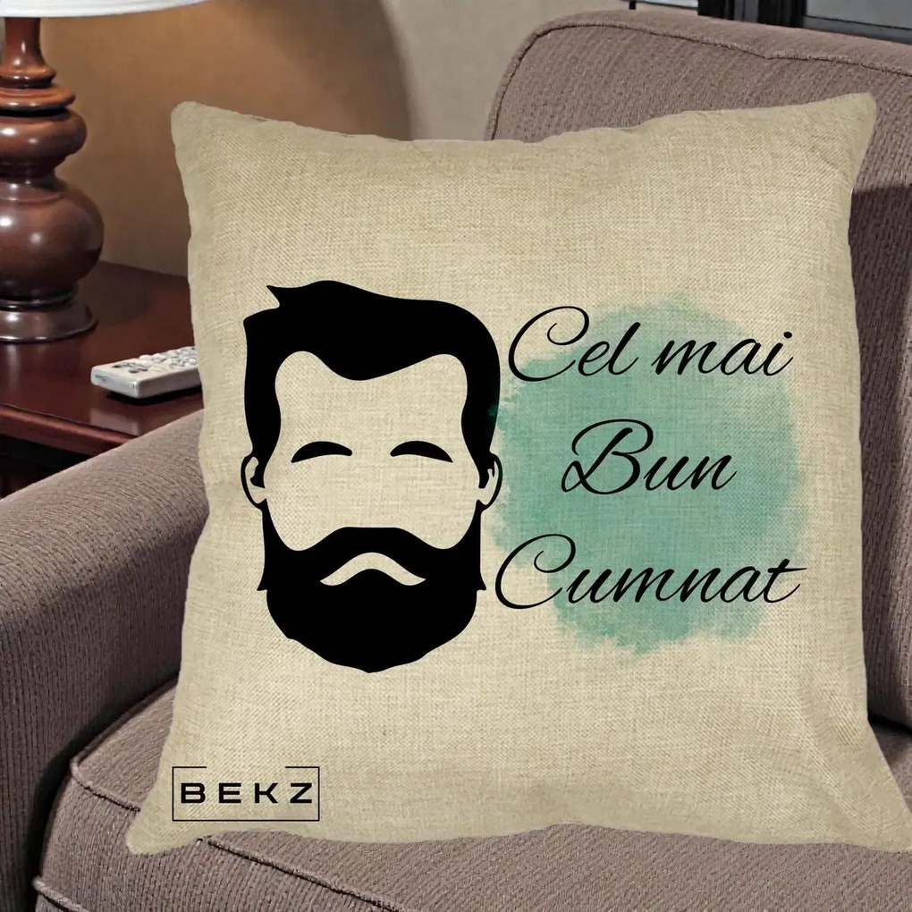 Cadou pentru Cumnat - Perna Personalizata Cel mai Bun Cumnat cu Portret Barbat si Pete Teal, 40x40 cm, Crem, Husa Detasabila, Perna Inclusa, BEKZ®