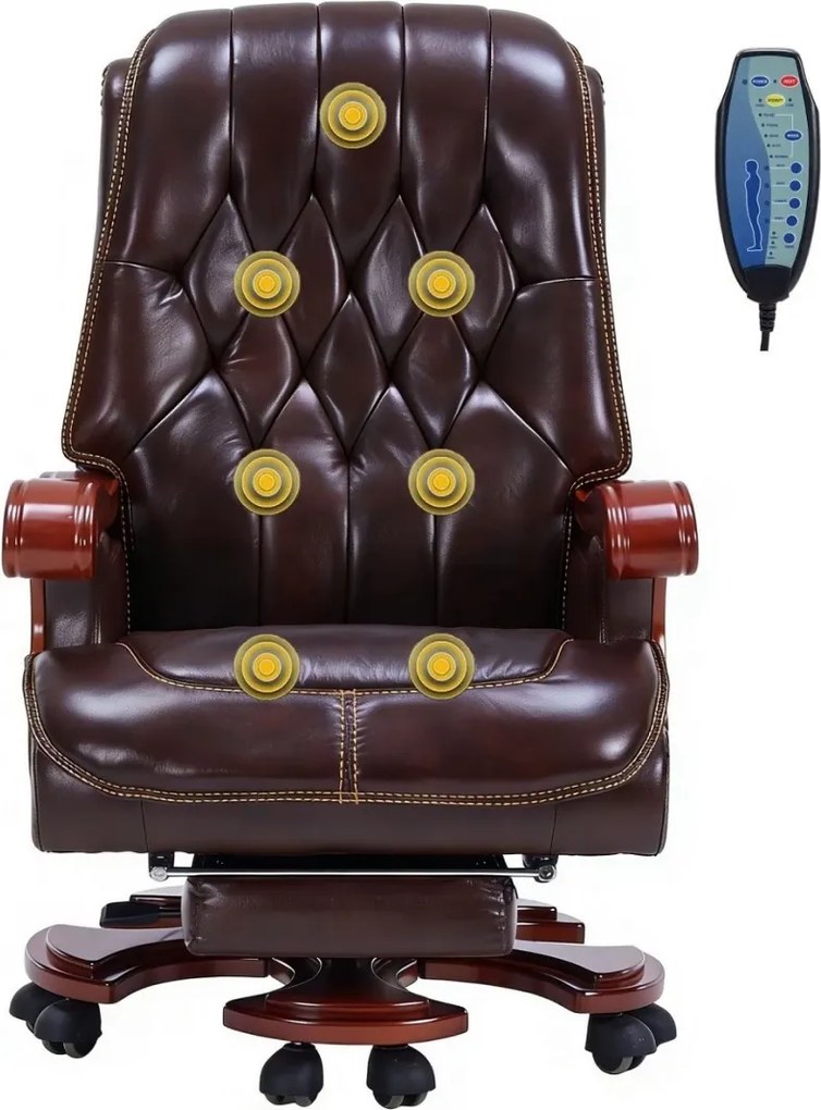 Regal Relax – Scaun directorial din Piele Naturală si Lemn Masiv, Masaj in 7 puncte, Funcție Încălzire, Înclinare 160°, Suport Picioare Extensibil, Sezut cu Arcuri, Telecomandă, Maro Inchis