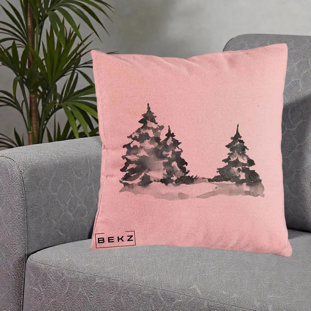 Perna Decorativa Brazi Inzapeziti Acuarela, 40x40 cm, Roz, Husa Detasabila, Perna Inclusa, BEKZ®