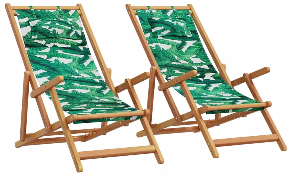 vidaXL Scaune de plajă pliabile 2 buc model frunze, textil/lemn masiv