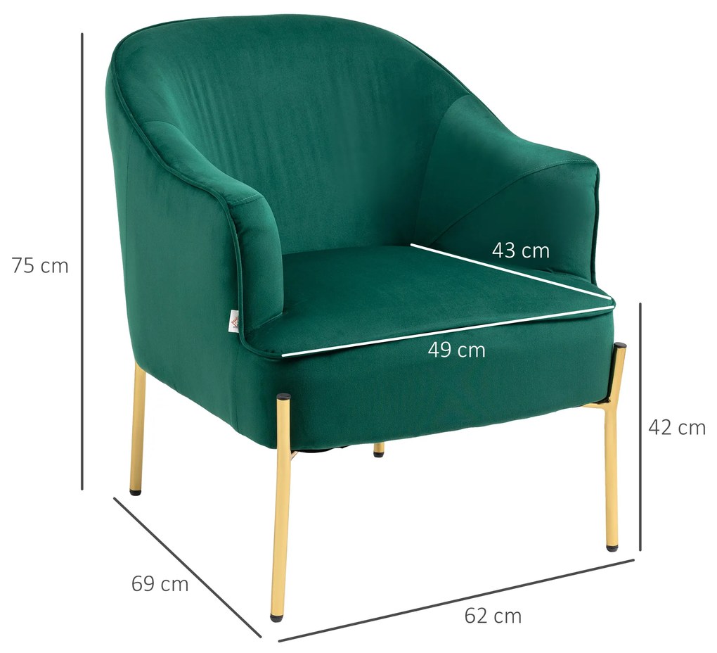 Fotoliu dormitor din material textil cu efect catifea cu picioare din otel auriu, 62x69x75 cm, verde HOMCOM | Aosom RO