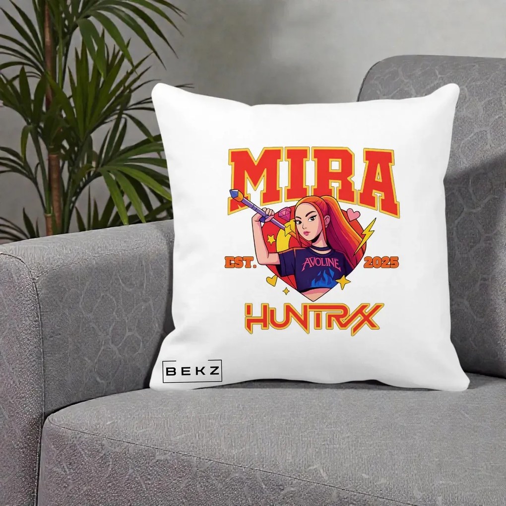 Perna Personalizata K-pop HUNTRX Mira Personaj Avoline, 40x40 cm, Alba Mata, Husa Detasabila, Perna Inclusa, BEKZ®