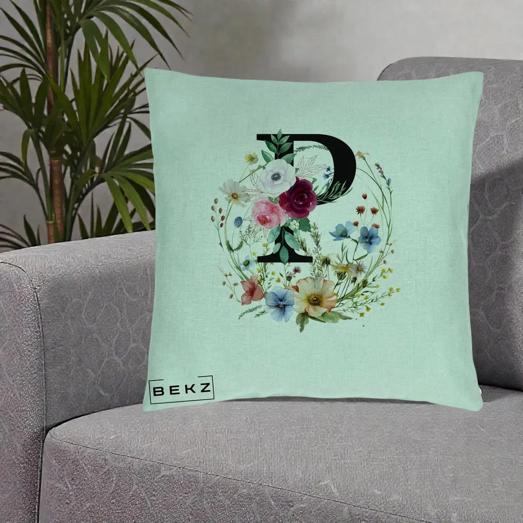Cadou Personalizat - Perna Personalizata Monogram Litera P cu Flori Acuarela, 40x40 cm, Verde Menta, Husa Detasabila, Perna Inclusa, BEKZ®