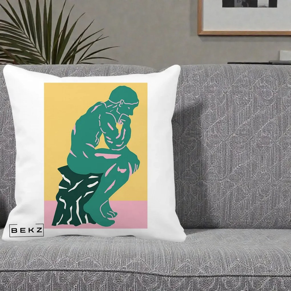 Perna Decorativa Ganditorul Sculptura Pop Art, 40x40 cm, Alba Mata, Husa Detasabila, Perna Inclusa, BEKZ®