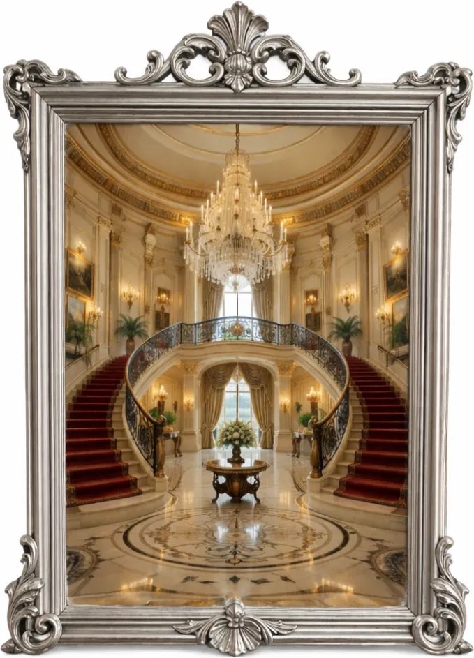 Oglindă decorativă de perete, ramă argintie, 60x90 cm