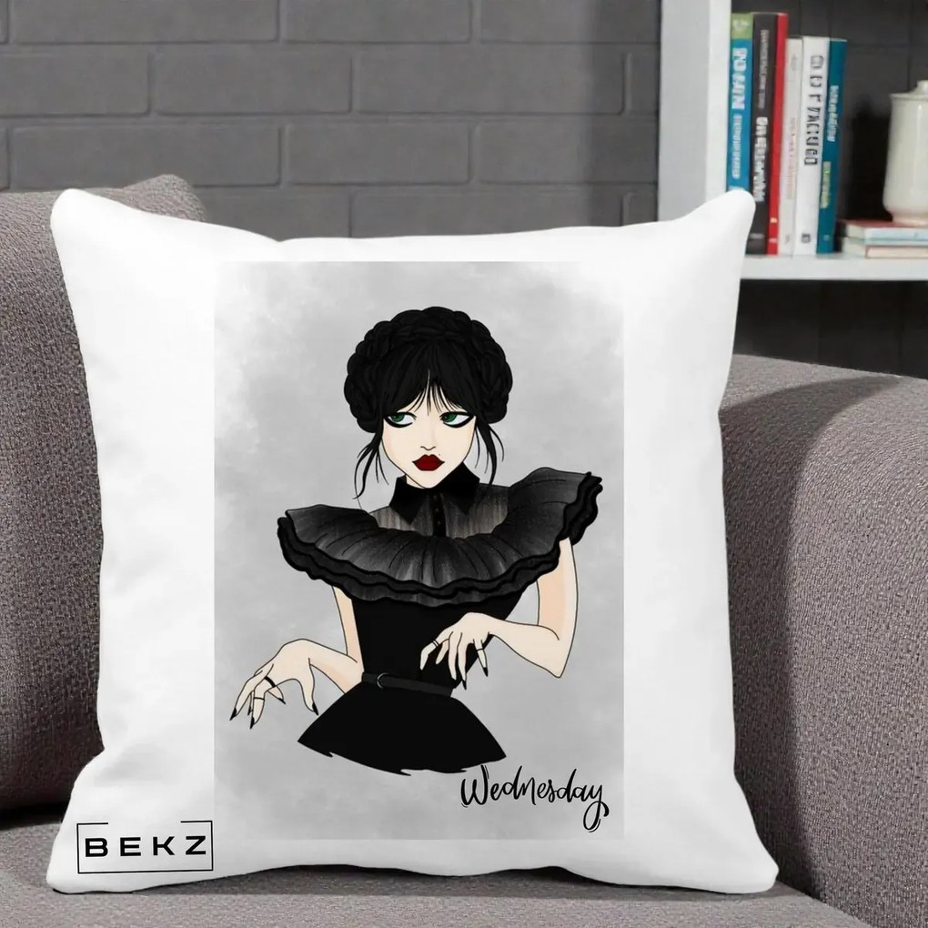 Perna Personalizata Wednesday Addams Portret Gotic, 40x40 cm, Alba Mata, Husa Detasabila, Perna Inclusa, BEKZ®