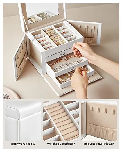 Cutie de bijuterii, Songmics, 17.5 x 22.5 x 16.5 cm, JBC159W01, Alb