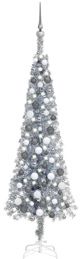 Brad de Craciun subtire cu LED-uri si globuri, argintiu, 150 cm 1, silver and grey, 150 cm