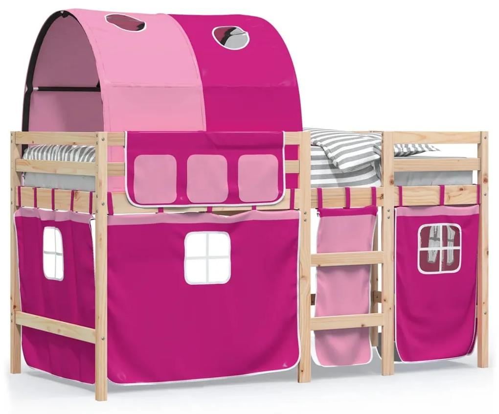 3283846 vidaXL Pat etajat de copii cu tunel, roz, 90x200 cm, lemn masiv pin