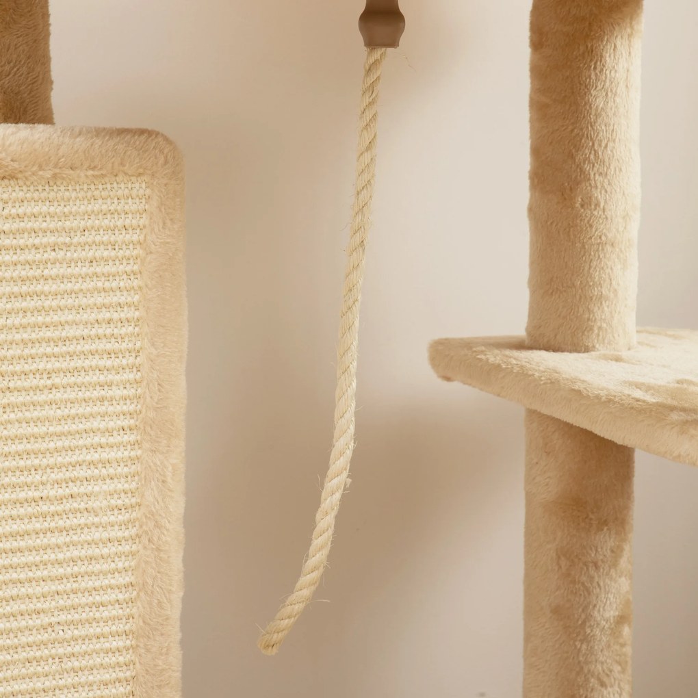PawHut Arbore pentru Pisici Multilevel Înalt 132 cm cu Căsuță, Culcuș, Stâlpi Zgâriători, Perie și Biliță, Bej | Aosom Romania
