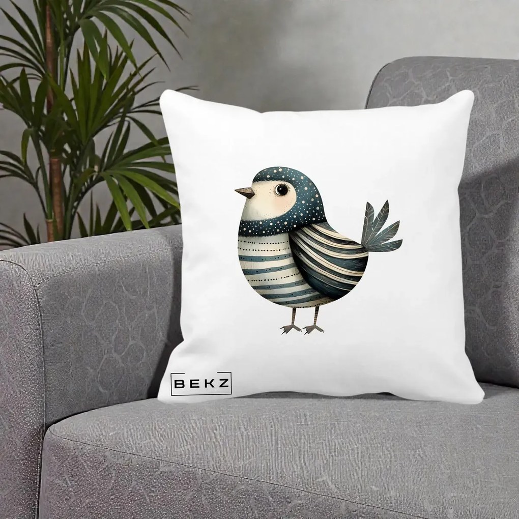 Perna Decorativa Pasare Teal Decorativa Dungata, 40x40 cm, Alba Mata, Husa Detasabila, Perna Inclusa, BEKZ®