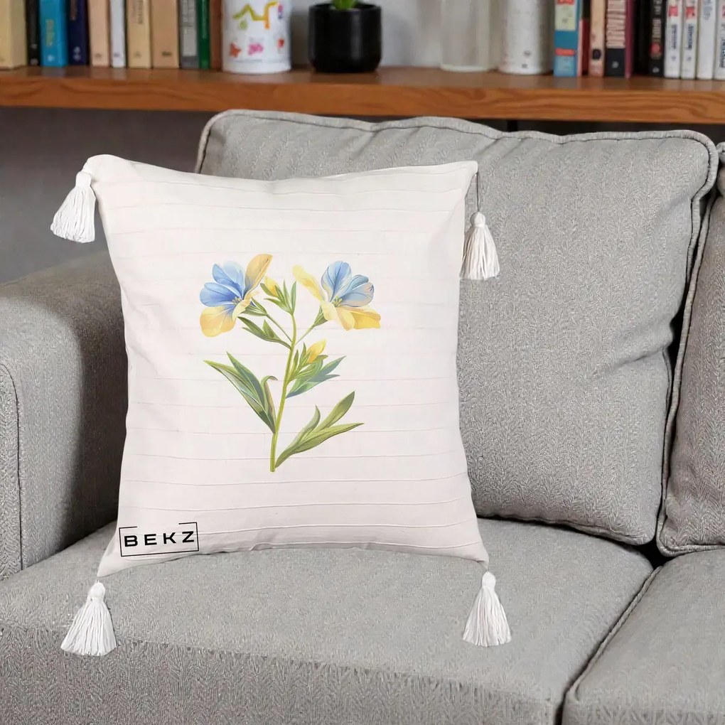 Perna Decorativa Botanica Frezie Galbena si Albastra, 40x40 cm, Bej cu Franjuri, Husa Detasabila, Perna Inclusa, BEKZ®