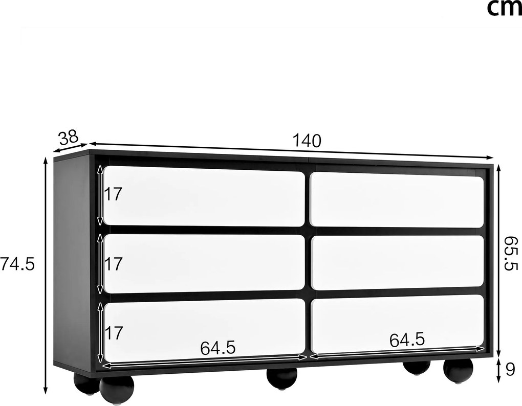 Comodă cu 6 sertare, colțuri rotunjite la sertare, 140x38x74,5 cm, Negru