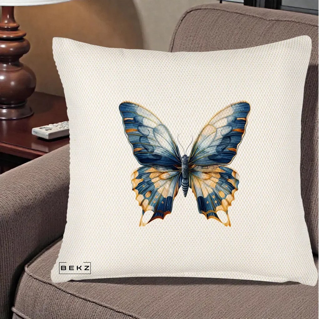 Perna Decorativa Fluture Albastru Auriu Elegant, 40x40 cm, Crem Reliefat, Husa Detasabila, Perna Inclusa, BEKZ®